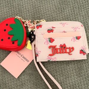 Juicy Couture Pink Strawberry Card Holder with Red Logo & Strawberry Charm